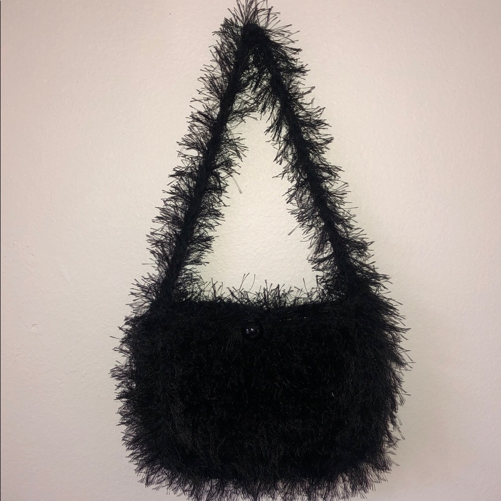 Homemade Women’s Black Fuzzy Purse w/ Metallic Gold/Black Silky Fabric Lining